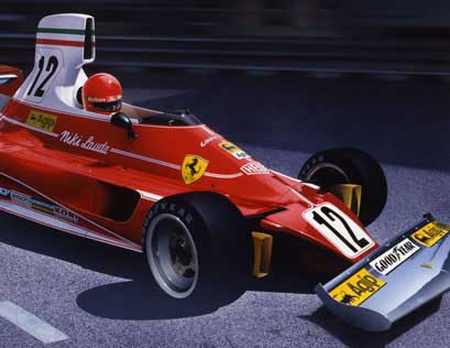 Niki Lauda racing at Monaco for Ferrari in 1975, the year in which he won the World Drivers' Championship. Ferrari Scuderia 312T.